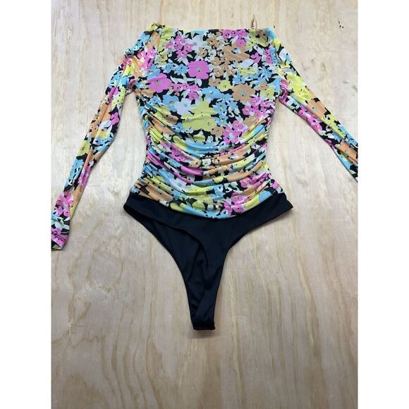 AFRM Bodysuit Colorful Floral M Mesh Runched Sheer Sleeves - Picture 4 of 6